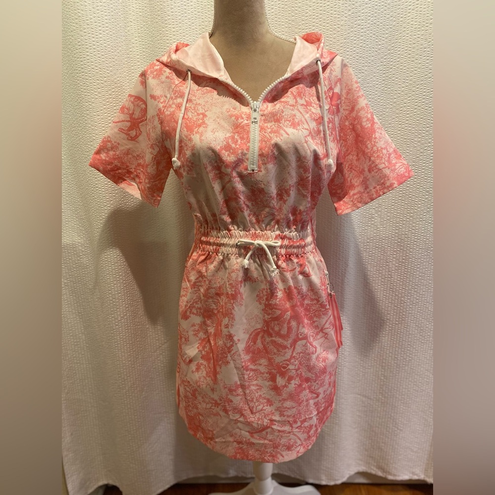 Goodkam Pink Toile Drawstring Hooded Tunic Dress